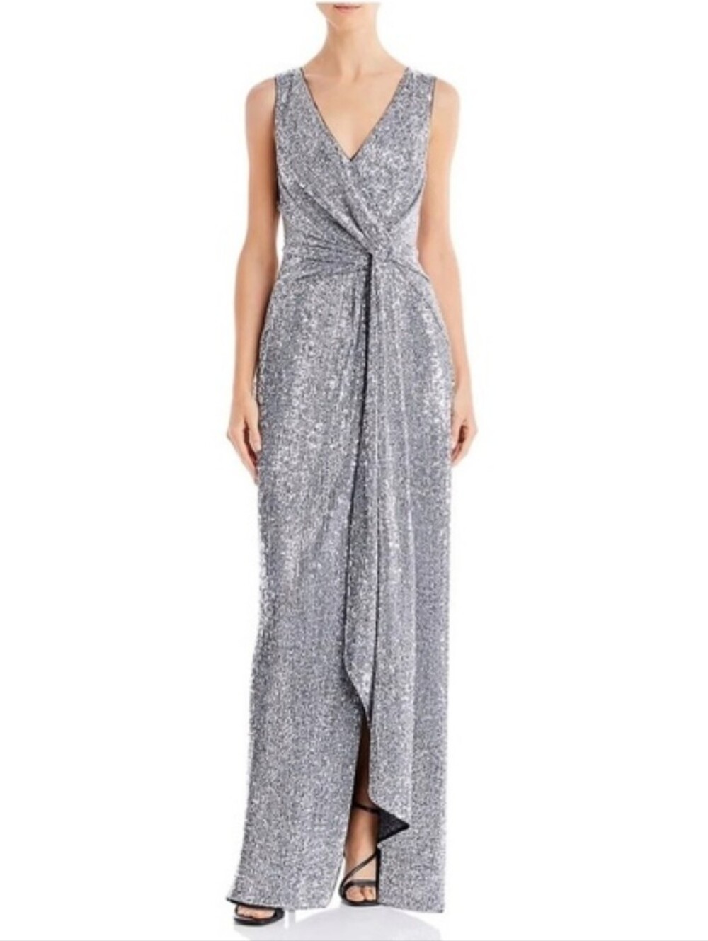 Aidan Mattox Silver Sequin Twist-Front Maxi Skirt Sz 6 NWT